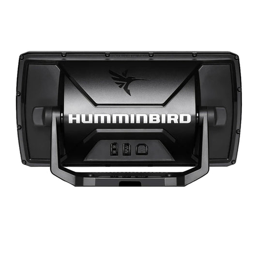 Rear view image of a Humminbird HELIX 7 GPS CHIRP MSI G4  Showing cable connections and mounting bracket.