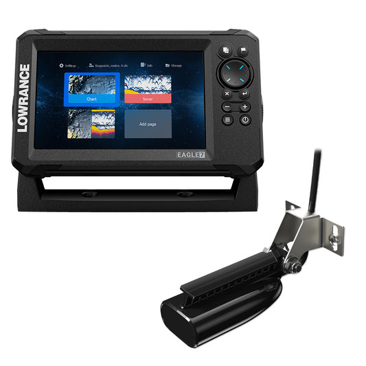 Image of the Lowrance Eagle 7 fish finder with the included Split Shot transducer.