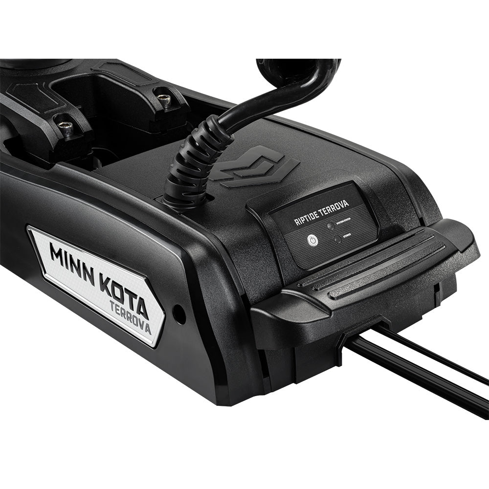 Image depicting the location of the power button on the base of the Minn Kota Riptide Terrova QUEST 90/115 Trolling Motor w/Wireless Remote - 24/36V - 90/115LBS - 60" - Black 