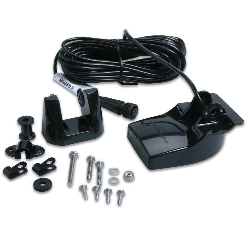 A black plastic transom mount transducer with six pins, mounting hardware, and installation instructions.