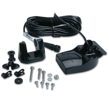 A black plastic transom mount transducer with six pins, mounting hardware, and installation instructions.