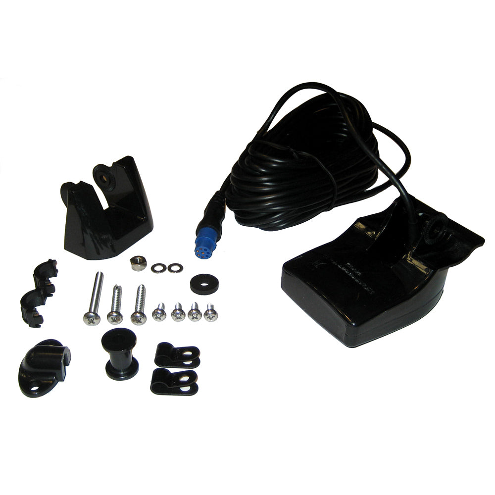 A black Garmin transom mount depth/temp transducer kit with 8-pin connector and various mounting hardware.