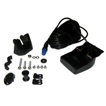 A black Garmin transom mount depth/temp transducer kit with 8-pin connector and various mounting hardware.