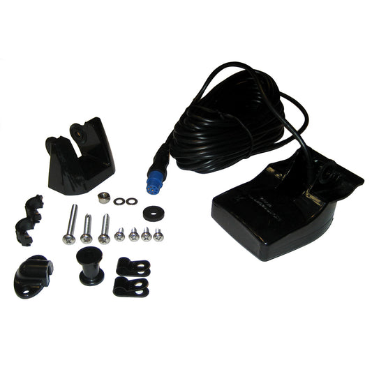A black Garmin transom mount depth/temp transducer kit with 8-pin connector and various mounting hardware.