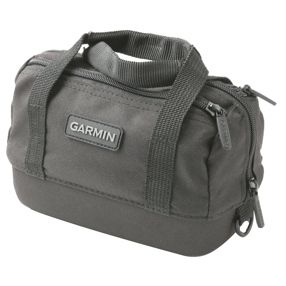 A gray Garmin deluxe carrying case with a shoulder strap, designed for GPS navigators.