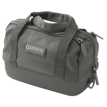 A gray Garmin deluxe carrying case with a shoulder strap, designed for GPS navigators.